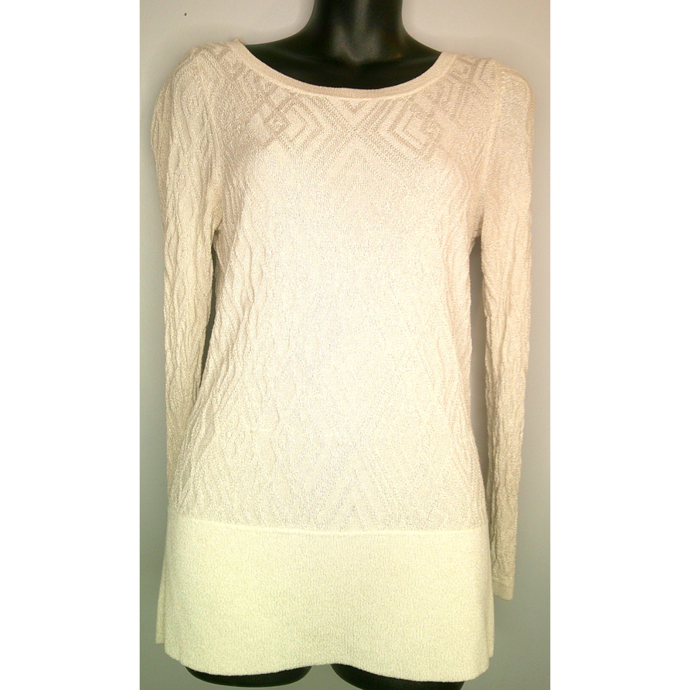 White House Black Market Cream Shimmer Long Sleeve Round Neck Medium Blouse